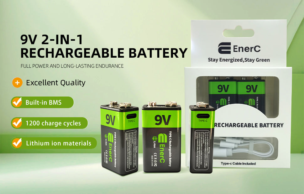 EnerC 9V Type-C Rechargeable Lithium-Ion Battery – 350 mAh 2 pack