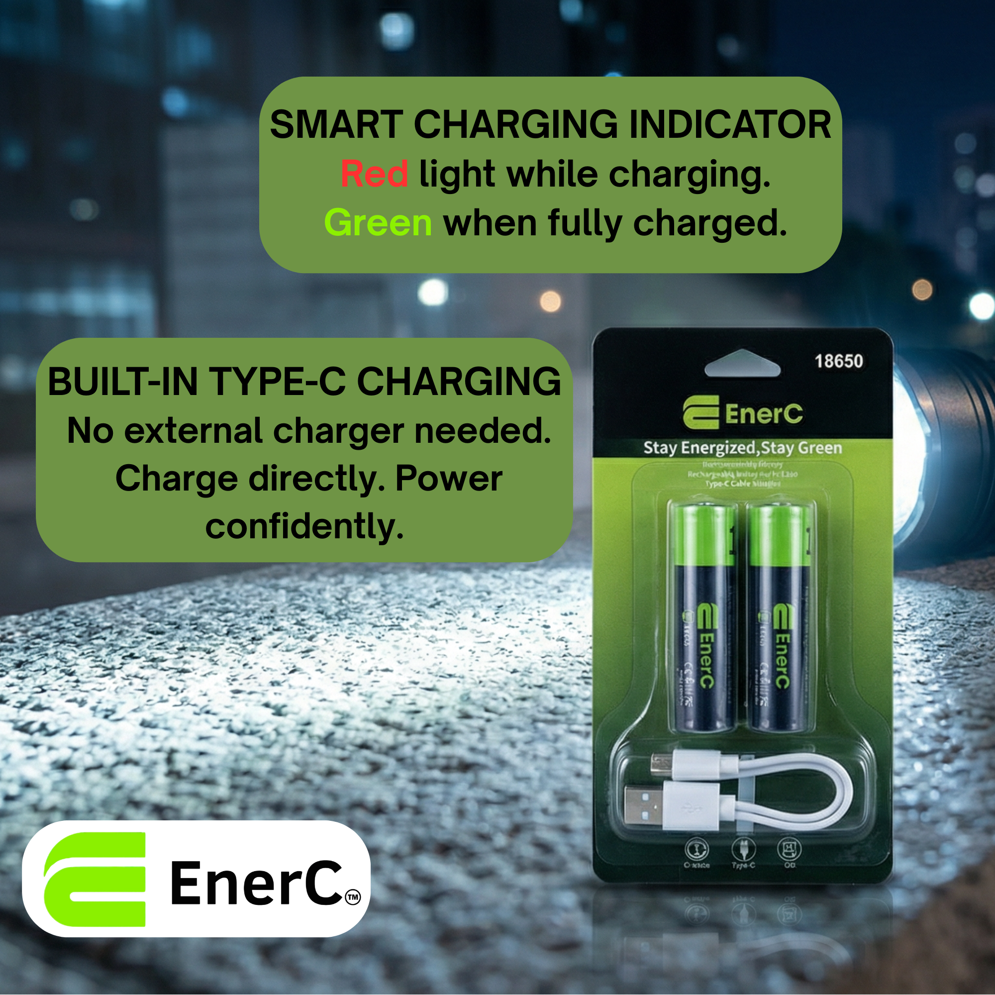 EnerC 18650 Type C Rechargeable Battery 2 Pack