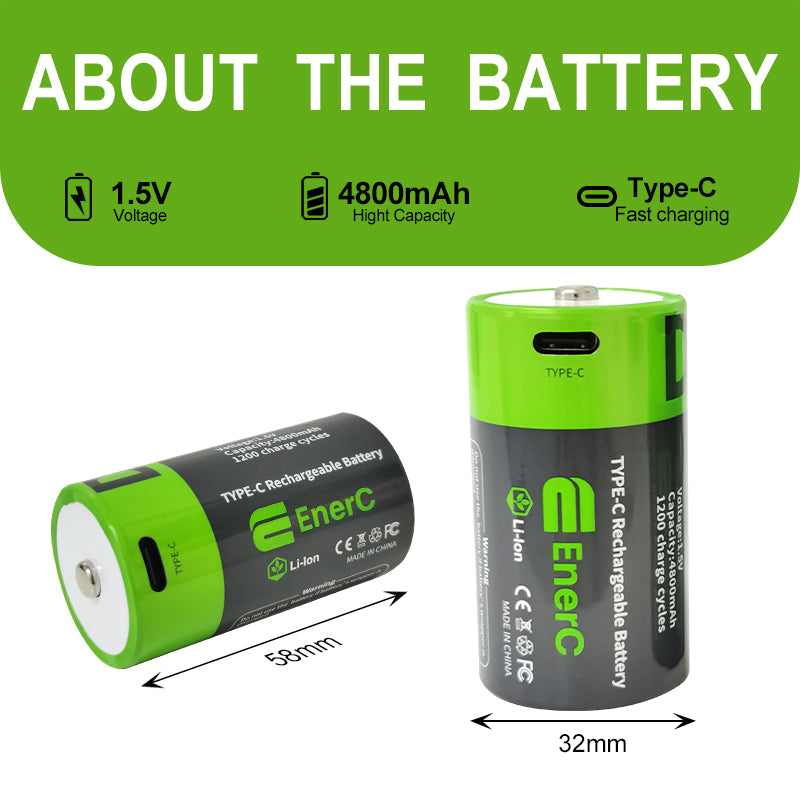 EnerC  D  Type-C Rechargeable Lithium-Ion Battery – 4800 mAh 2 pack