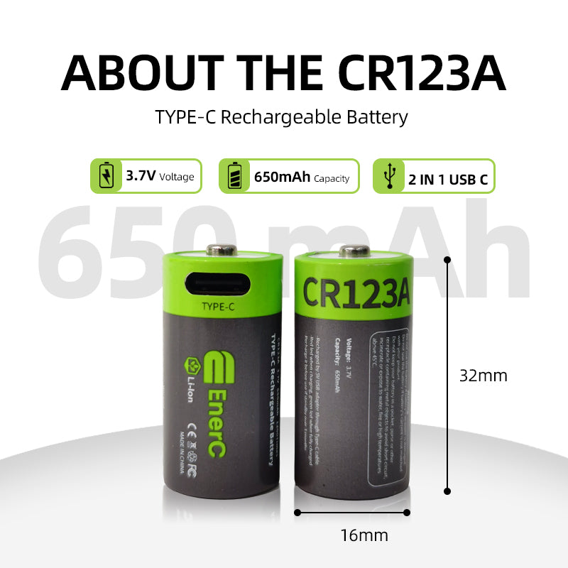 EnerC CR123A Type-C Rechargeable Lithium-Ion Battery – 650mAh 2 pack