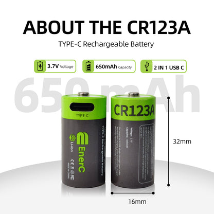 EnerC CR123A Type-C Rechargeable Lithium-Ion Battery – 650mAh 2 pack