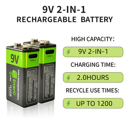 EnerC 9V Type-C Rechargeable Lithium-Ion Battery – 350 mAh 2 pack