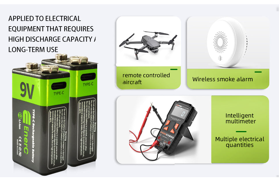 EnerC 9V Type-C Rechargeable Lithium-Ion Battery – 350 mAh 2 pack