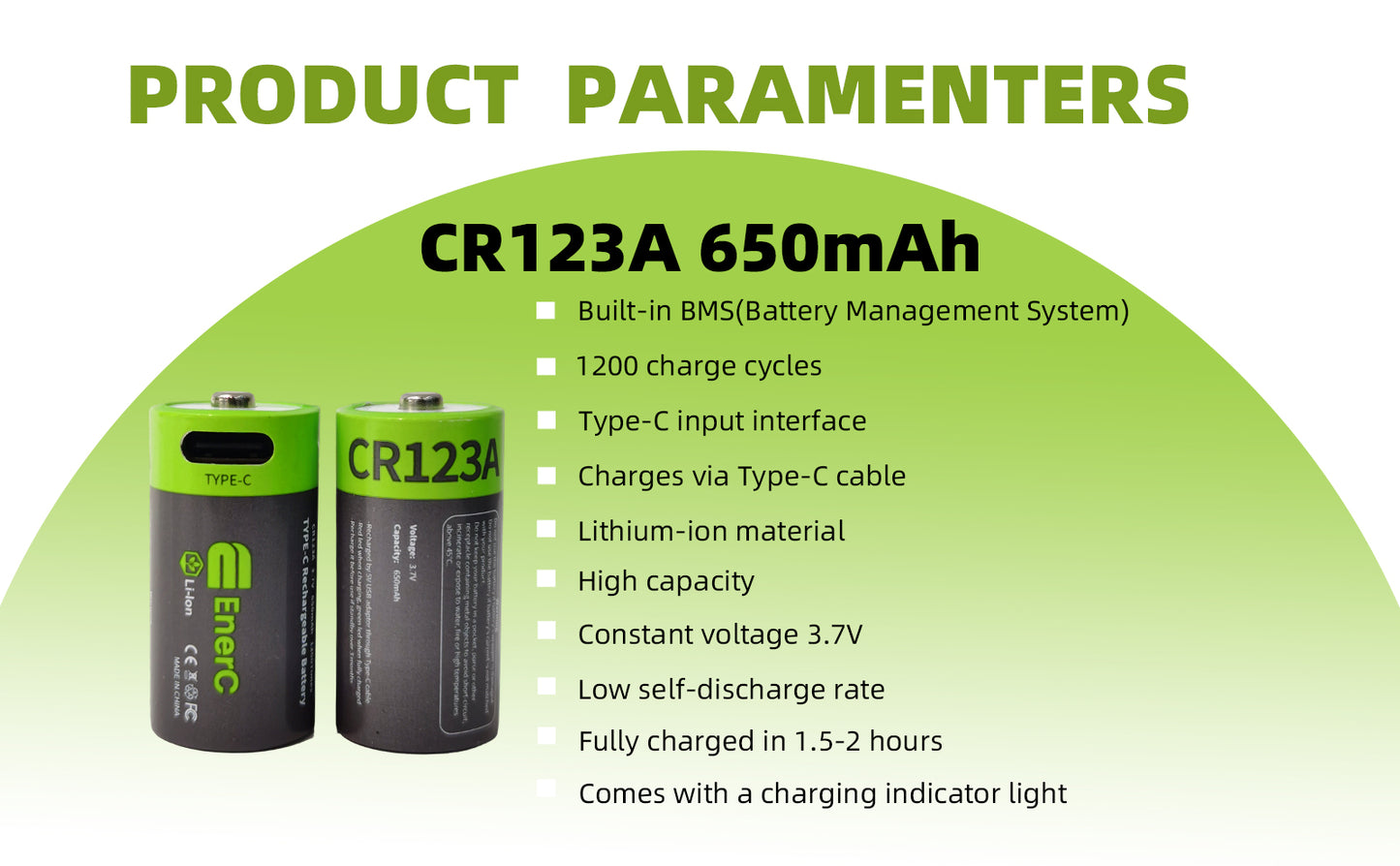 EnerC CR123A Type-C Rechargeable Lithium-Ion Battery – 650mAh 2 pack