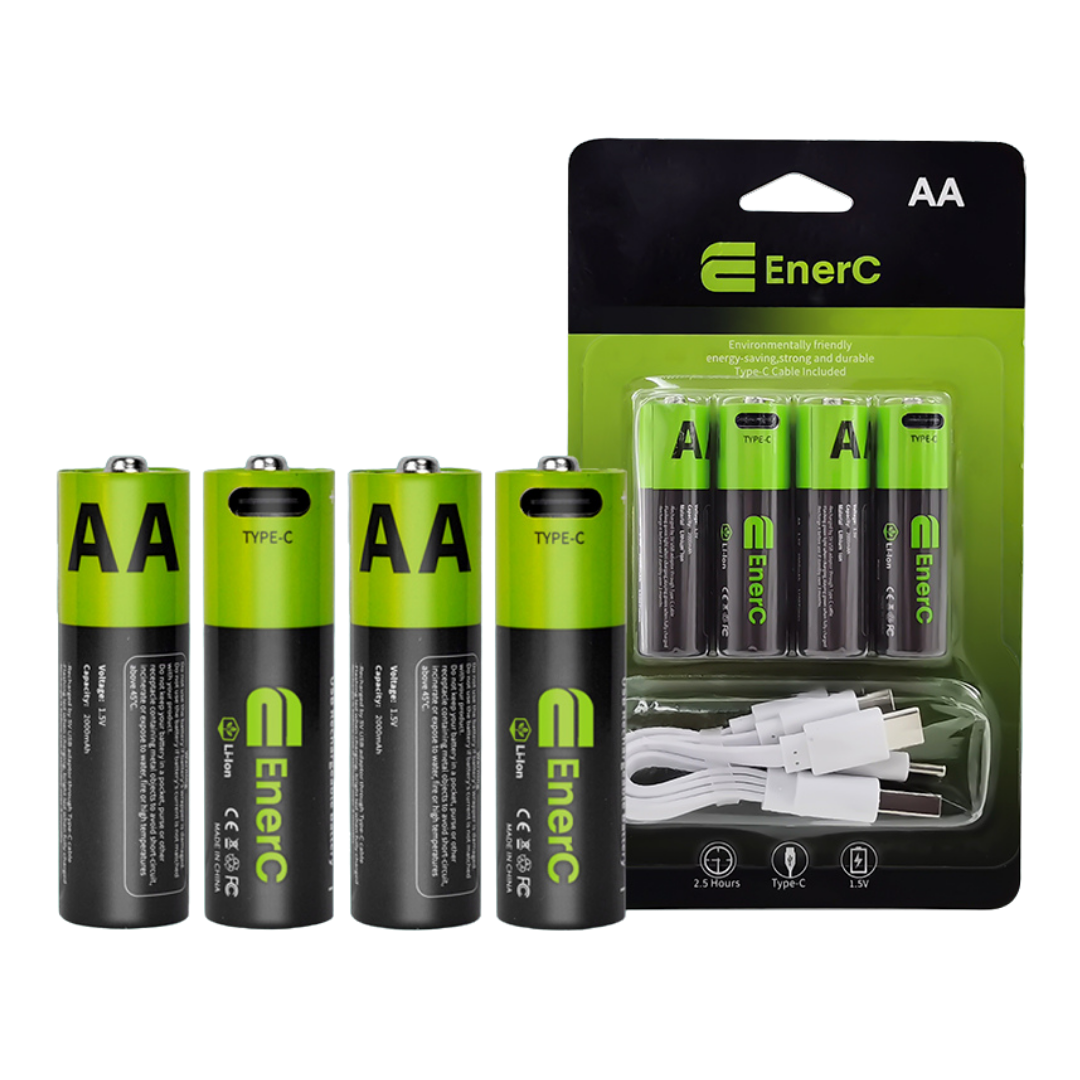 EnerC AA Type-C Rechargeable Lithium-Ion Battery – 2000 mAh 4 Pack