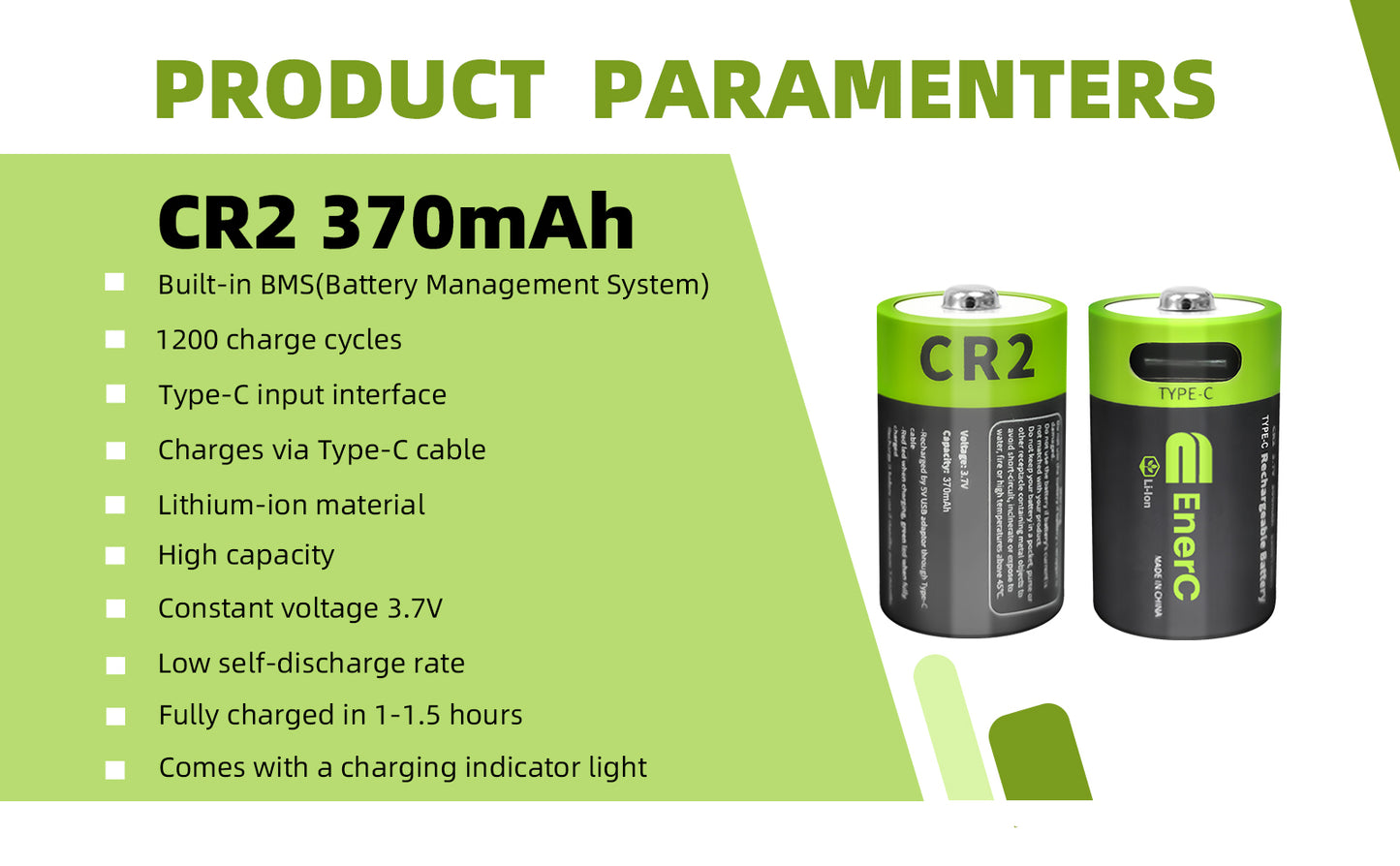 EnerC CR2 Type-C Rechargeable Lithium-Ion Battery – 370mAh (Type-C Charging | 1,200 Cycles)