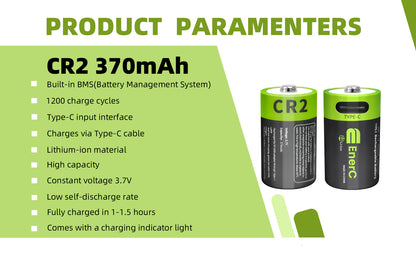 EnerC CR2 Type-C Rechargeable Lithium-Ion Battery – 370mAh (Type-C Charging | 1,200 Cycles)