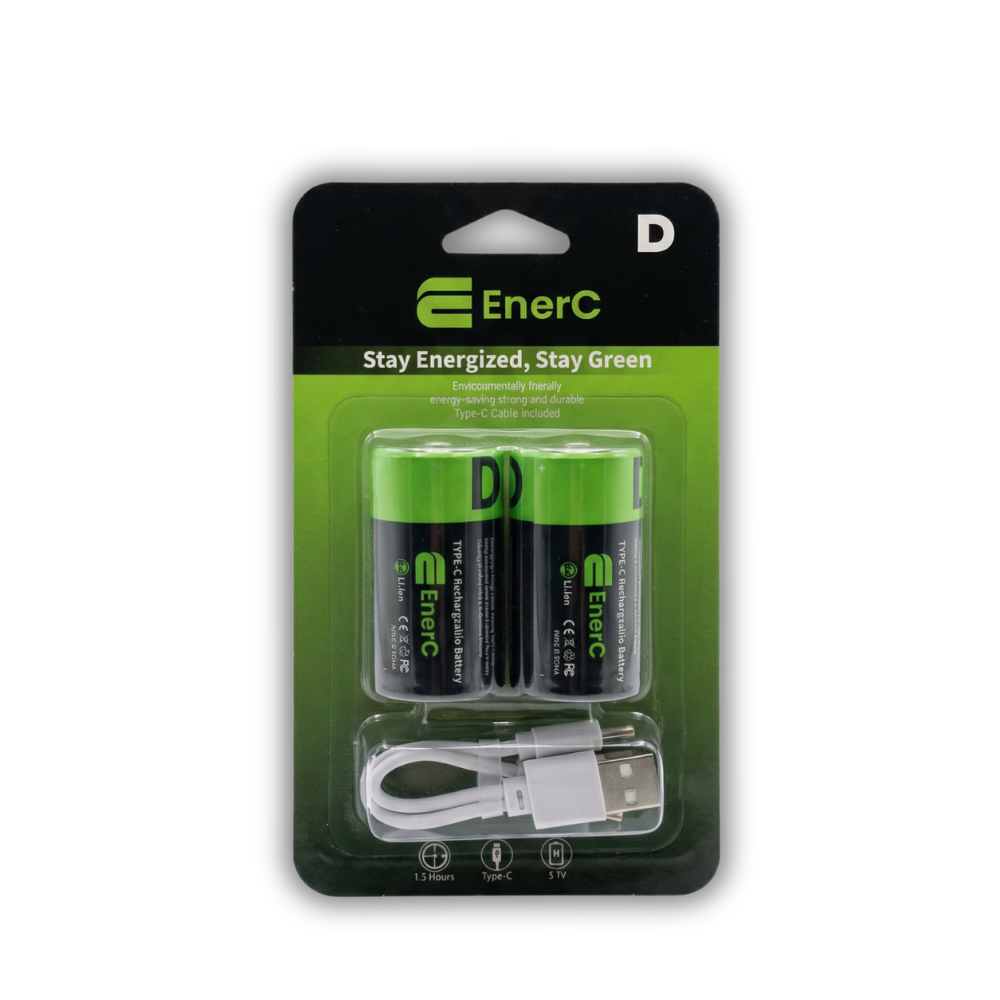 EnerC D-size 1.5 V USB-C rechargeable batteries, 4800 mAh 2-pack with charging cable in retail packaging
