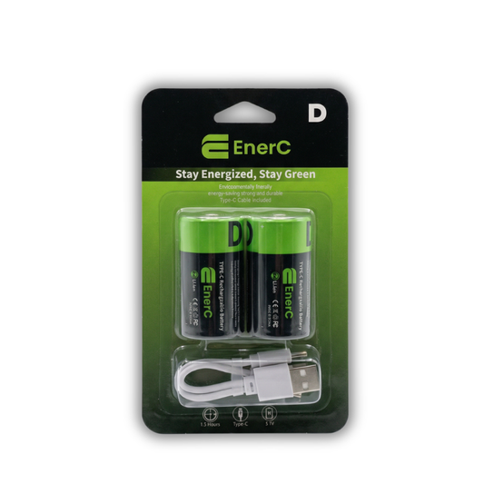 EnerC D-size 1.5 V USB-C rechargeable batteries, 4800 mAh 2-pack with charging cable in retail packaging