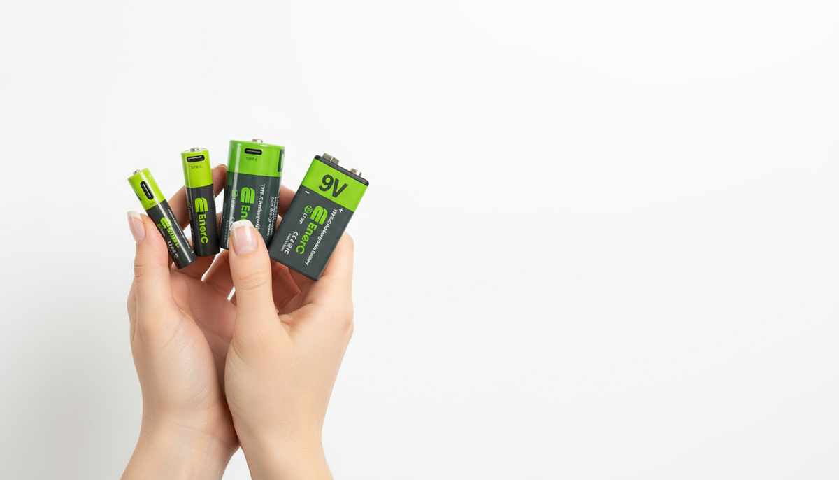 Hands holding EnerC AAA, AA, D and 9V USB-C rechargeable batteries