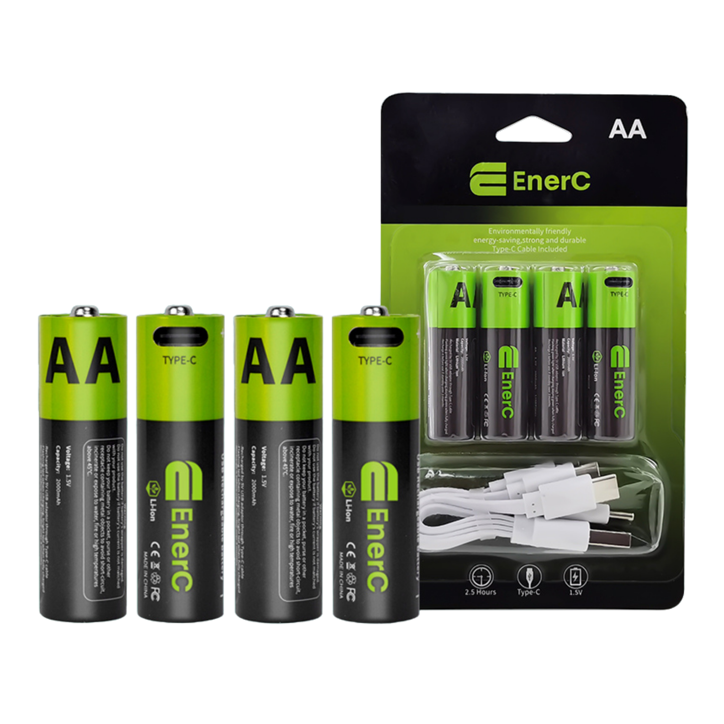 EnerC AA Type-C Rechargeable Lithium-Ion Battery – 2000 mAh 4 Pack
